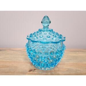 Hobbs Brockunier Candy Sugar w/ Lid Dew Drop Aqua Blue Hobnail Glass c. 1886